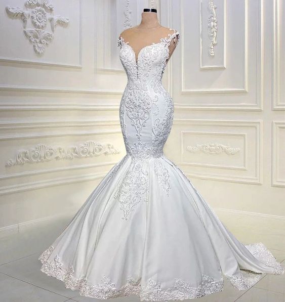 luxury wedding dresses for bride mermaid lace applique elegant beaded modest bridal dresses robe de mariage 