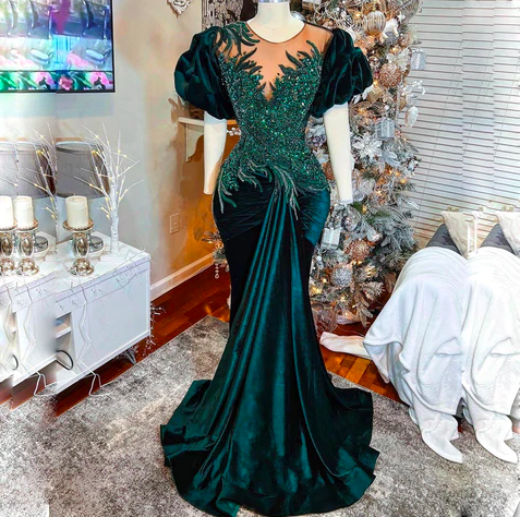 Modest Vintag Prom Dresses Long Short Sleeve Beaded Applique Muslim Dubai Fashion Prom Gown For Women Luxury Velvet Mermaid Formal Dresses