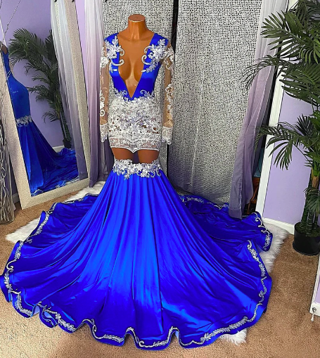 Vestidos De Luxo Para Festa African Evening Dresses Long Sleeve V Neck Lace Applique Mermaid Elegant Luxury Formal Party Dresses For Black Girls