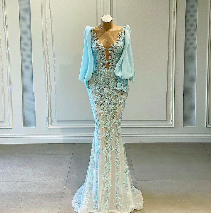 Muslim Dubai Fashion Prom Dresses Long Sleeve Lace Applique Blue Mermaid Prom Gown Robe De Soirée Femme