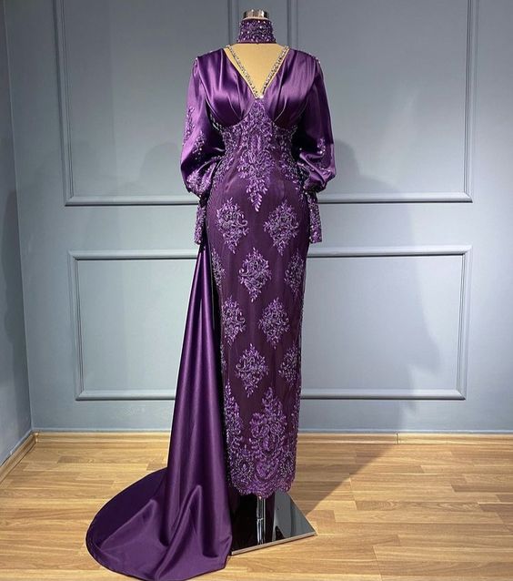 Muslim Prom Dresses Long Sleeve Dubai Fashion Lace Applique Purple Elegant Prom Gown Abendkleider High Neck Custom Make Formal Dresses Vestidos
