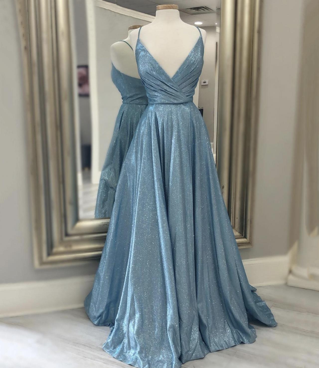 Spaghetti Strap Blue Prom Dresses Long Simple Sparkly Modest Prom Gown Abendkleider Robe De Soirée Femme
