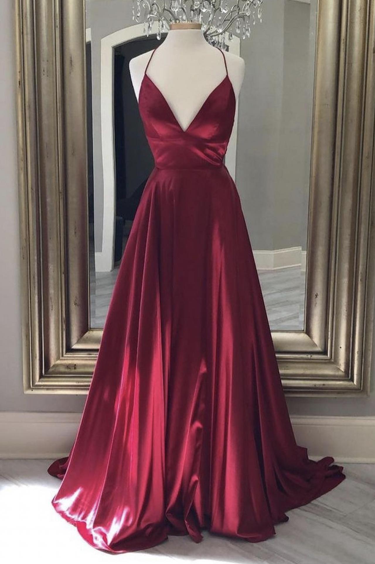 Formal Dresses Burgundy A Line Satin Simple Prom Dresses Long Spaghetti Strap Custom Prom Gown Robes De Cocktail