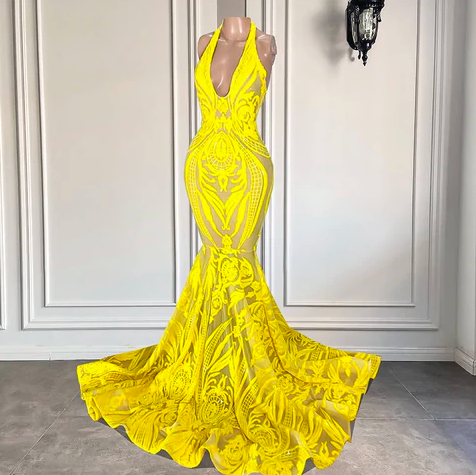 Sparkly Lace Evening Dresses Long Mermaid Halter Yellow Elegant Formal Dresses Vestidos De Fiesta De Longo