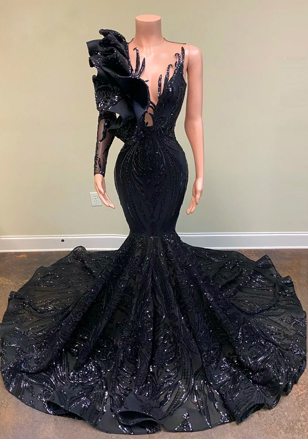 Black Prom Dresses One Shoulder Sparkly Lace Custom Make Mermaid Prom Gown Vestidos De Fiesta De Longo
