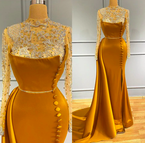 Long Sleeve Yellow Evening Dresses Abendkleider Beaded Elegant Modest Prom Dresses Robe De Soiree Femme