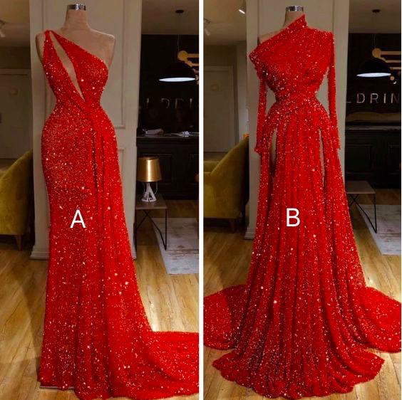 Red Sparkly Prom Dresses Muslim Dubai Fashion Elegant Glitter Prom Gown Abendkleider Robes De Cocktail