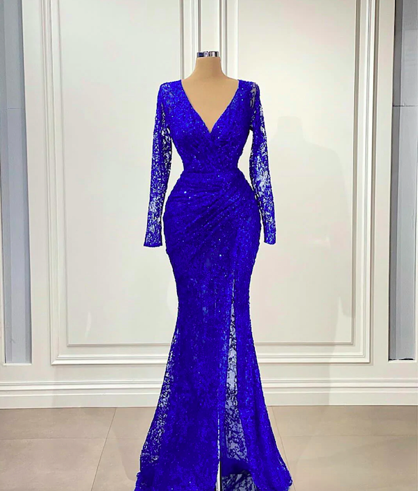 Royal Blue Evening Dresses Long Sleeve Lace Applique Mermaid Sparkly Formal Dresses Vestidos De Gala