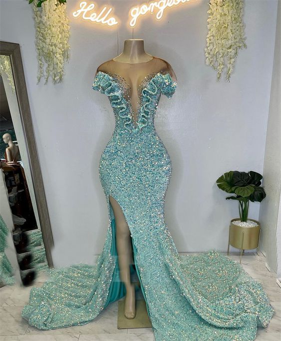 Sparkly Blue Evening Dresses Long For Black Girl Mermaid Cap Sleeve Elegant Modest Formal Party Dresses Abendkleider
