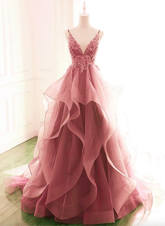 Vestidos De Noche Spaghetti Strap Tulle Prom Dresses A Line Lace Applique Rose Pink Elegant Prom Gown Robes De Cocktail