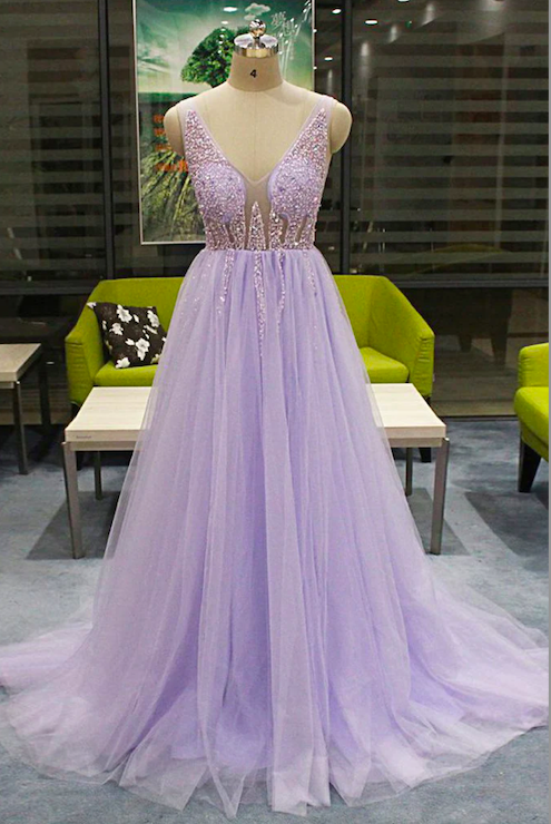 Lavender Beaded Prom Dresses Sleeveless V Neck Elegant A Line Floor Length Prom Gown Abendkleider