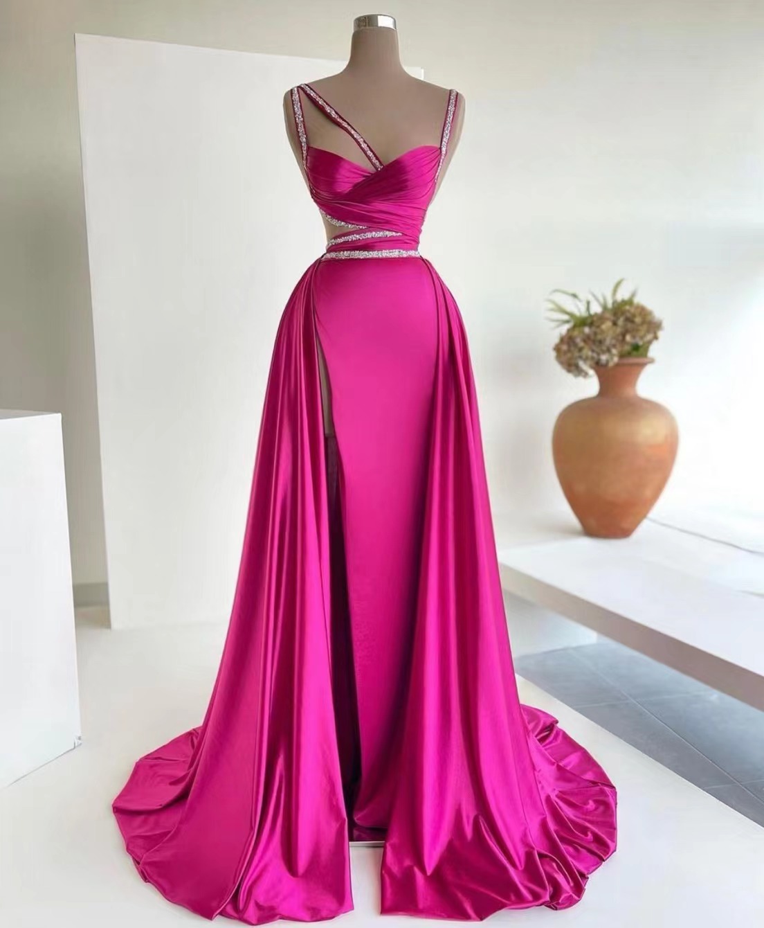 Vestidos De Gala Elegant Satin Prom Dresses With Removable Skirt Pink Beaded Simple Prom Gown Vestidos De Fiesta