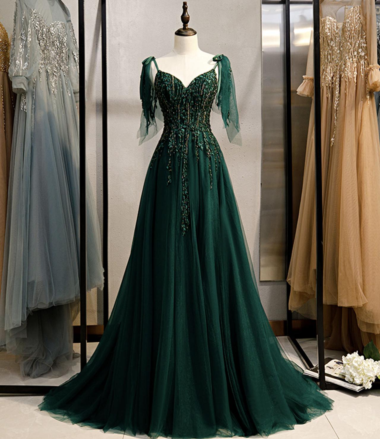 Robe De Soirée Green Vintage Prom Dresses A Line Tulle Lace Applique Beaded Elegant Prom Gown Vestido Longo Festa De Casamento