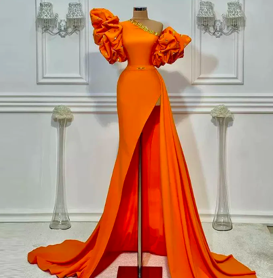 Vestidos De Fiesta Elegant Prom Dresses Long Short Sleeve Beaded Orange Modest Evening Dresses Abendkleider Vestido Elegante Mujer Para Fiesta