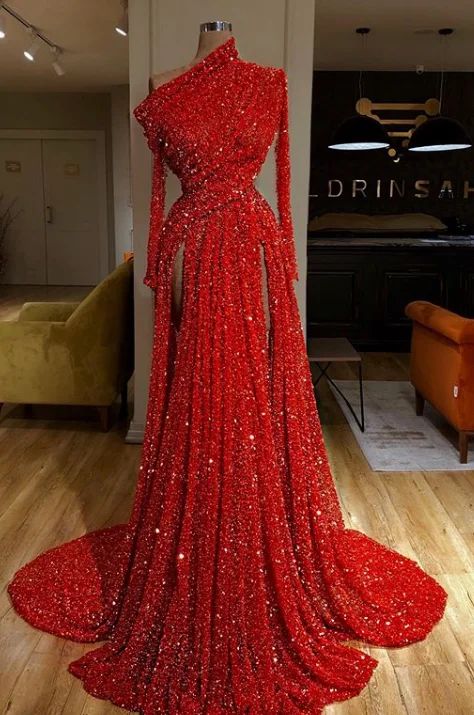 Red Sparkly Prom Dresses Long Sleeve Elegant A Line Formal Party Dresses Robe De Soiree Femme