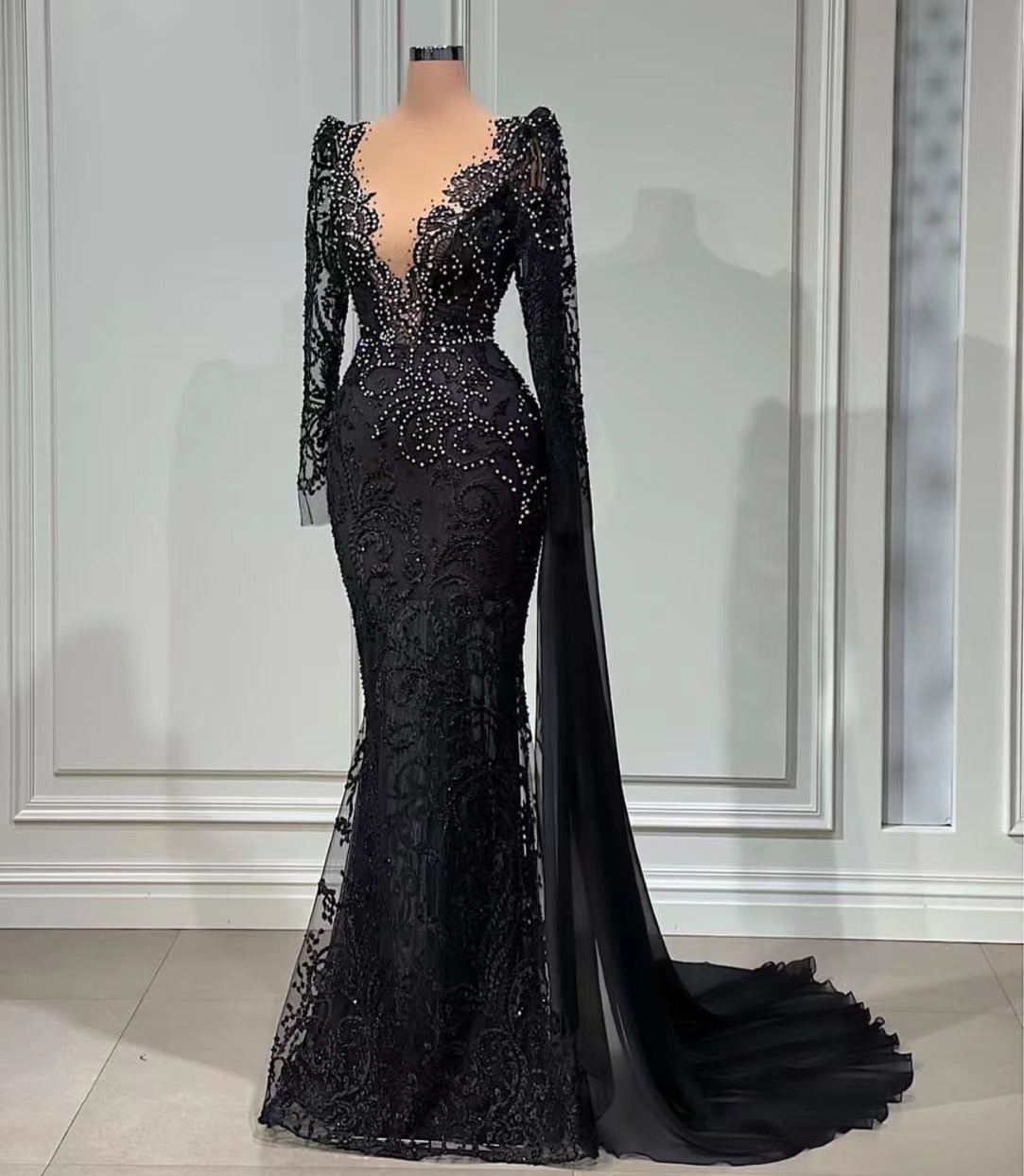 Modest Black Evening Dresses Long Sleeve Lace Applique Beaded Mermaid Elegant Vintage Evening Gown Formal Party Dresses Vestidos De Fiesta