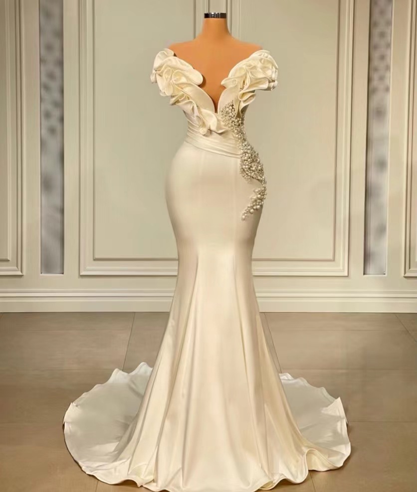 Mermaid Wedding Dresses For Women V Neck Elegant Off White Beaded Luxury Wedding Gown Bridal Dresses Vestidos De Novia