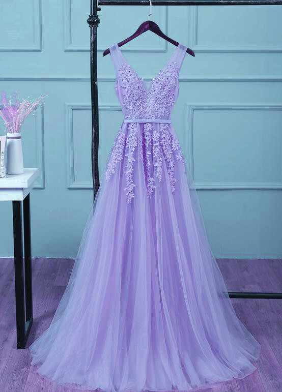 Purple Lace Applique Prom Dresses For Women Sleeveless V Neck Beaded A Line Prom Gown Robe De Soiree Femme