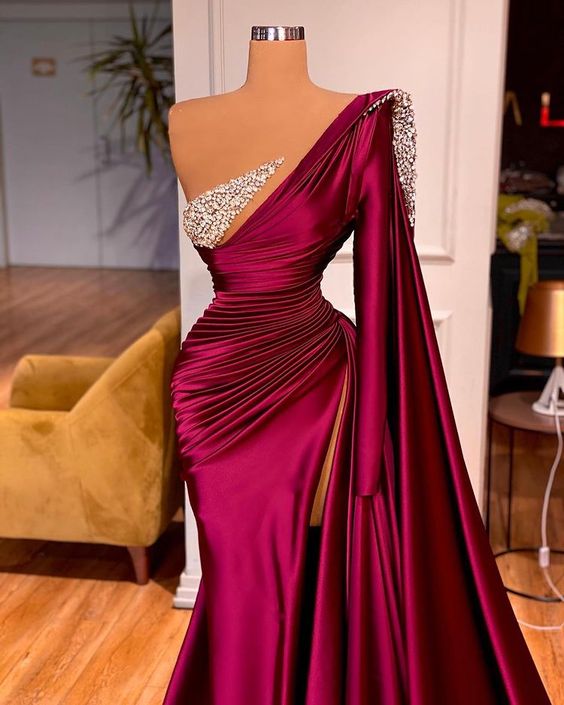 Burgundy Prom Dresses Long Satin Beaded One Shoulder Pleated Elegant Prom Gown Abendkleider Robe De Soiree