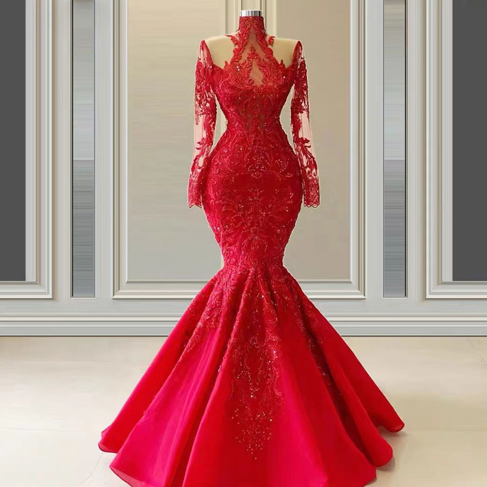 Red Elegant Prom Dresses Long Sleeve High Neck Lace Applique Mermaid Modest Prom Gown Robe De Soiree De Femme