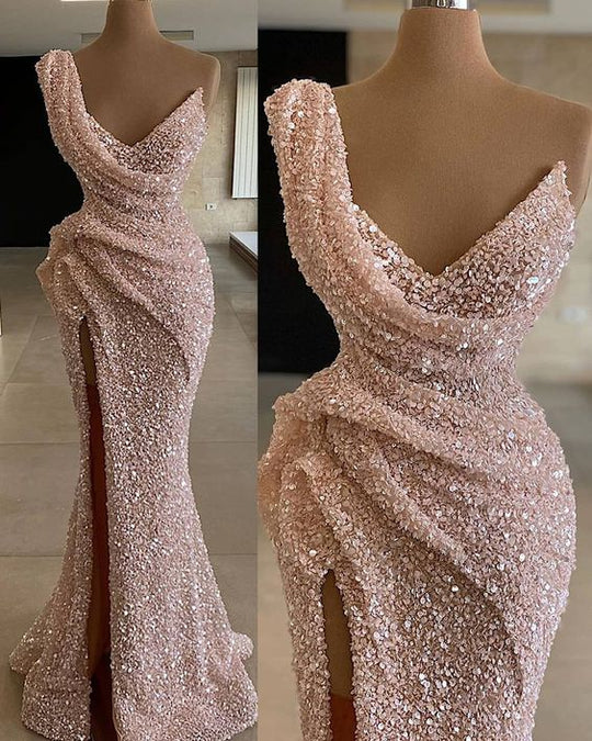 Modest Pink Evening Dresses Long Sparkly V Neck Unique Gorgeous Mermaid Elegant Evening Gown Robes De Soiree