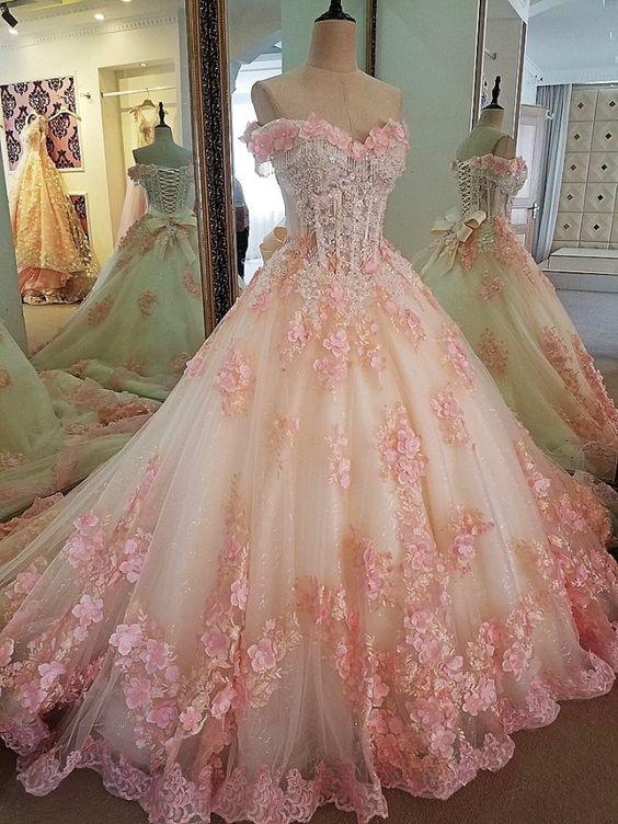 Sweet 16 Dresses Pink Lace Floral Prom Dresses Ball Gown Off The Shoulder Elegant Beaded Luxury Prom Gown Robes De Cocktail Vestidos De Fiesta