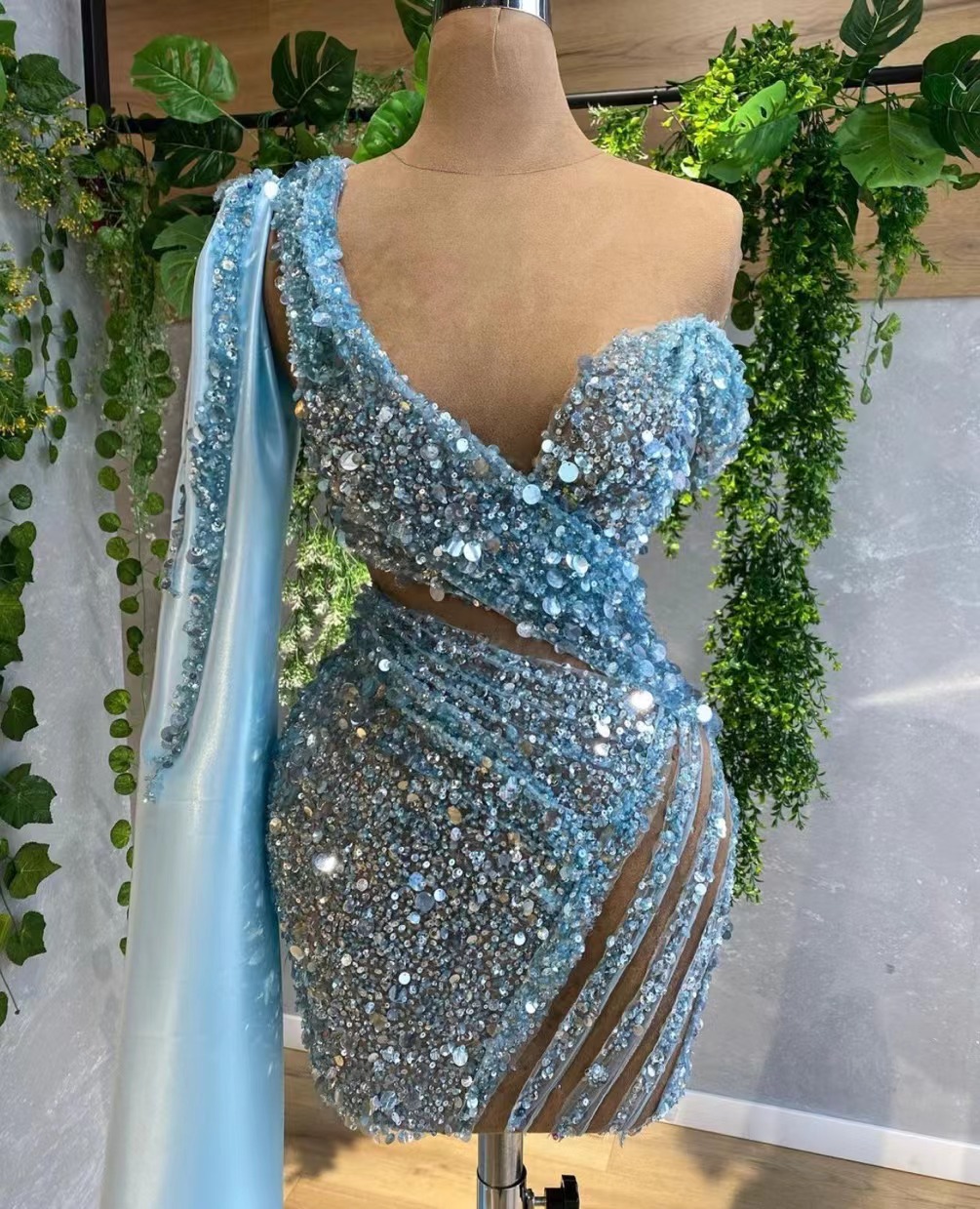 Glitter Sparkly Evening Dresses Short Vestidos De Fiesta De Curto Blue One Shoulder Elegant Formal Party Dresses Abendkleider
