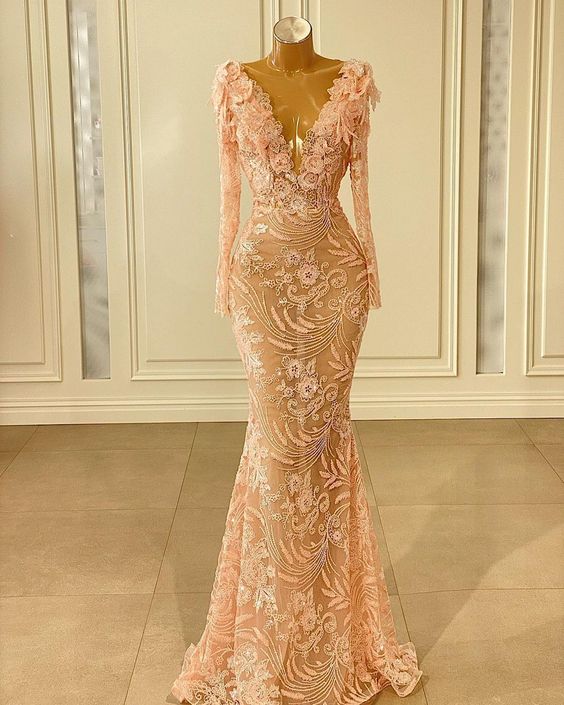 Long Sleeve Lace Applique Evening Dresses For Women Mermaid Modest V Neck Pink Elegant Evening Gown Formal Party Dresses