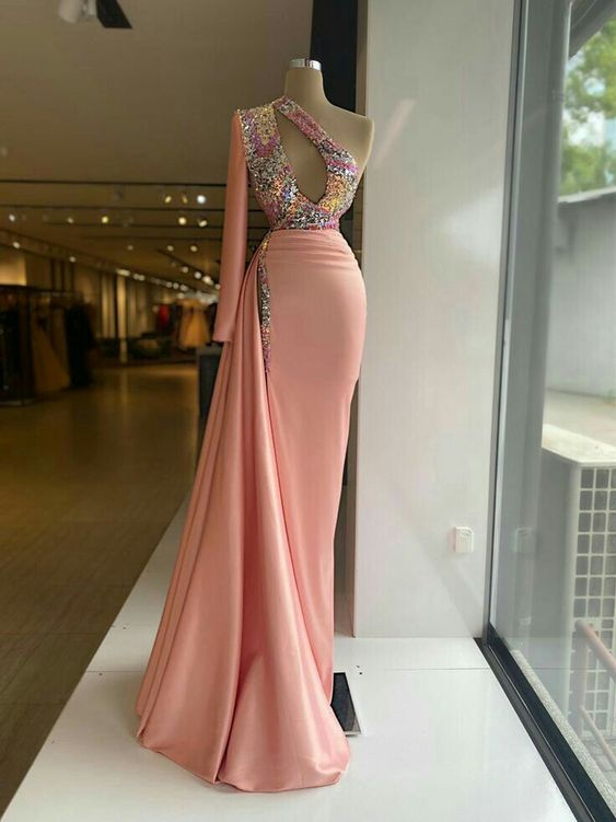 Pink Evening Dresses Long Sleeve Sparkly Sequined Modest Elegant Evening Gown Mermaid Prom Dresses Custom Make Robe De Soiree Femme