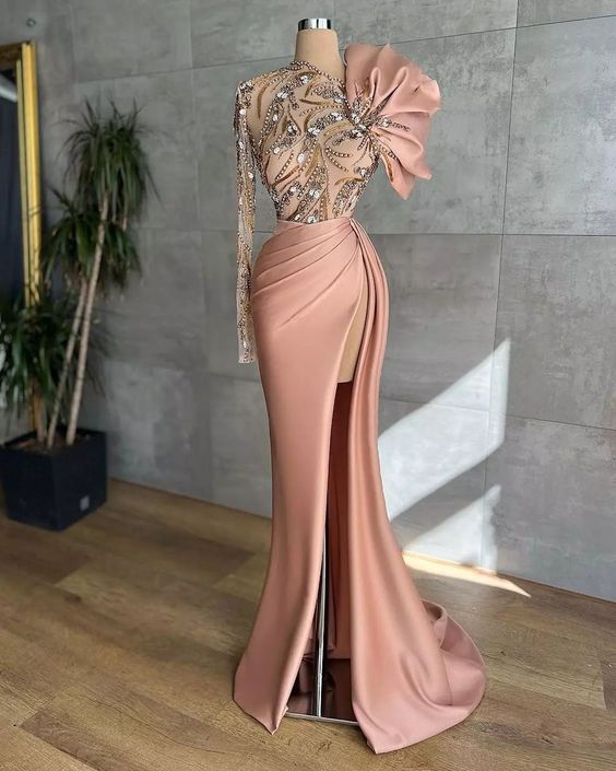 Luxury Beaded Evening Dresses Long Sleeve One Shoulder Elegant Modest Gorgeous Evening Gown