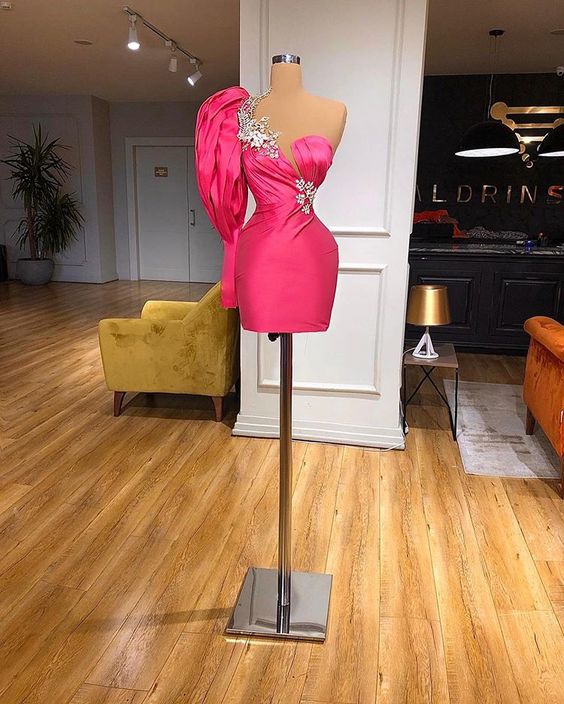 Mini Length Sexy Formal Party Dresses Short Beaded One Shoulder Pink Evening Dresses For Women Vestidos De Fiesta De Curto