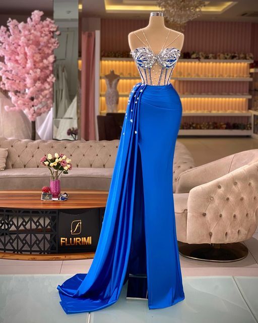 Sweethear Neck Blue Prom Dresses With Overskirt Beaded Elegant Satin Simple Formal Party Dresses Genlink Abendkleider