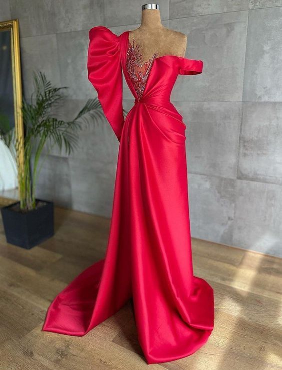 Red Prom Dresses Long Sleeve Beaded Applique Satin Mermaid Elegant Prom Gown Abendkleider Vestidos De Noche