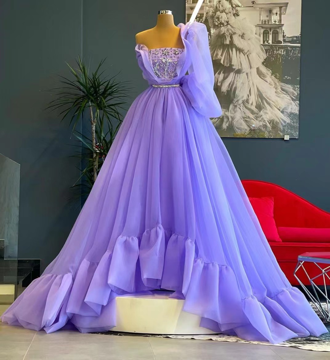 Plus Size Purple Prom Dresses For Women 2024 Beaded One Shoulder Tulle Boat Neck Gorgeous A Line Prom Gown Abendkleider 2025