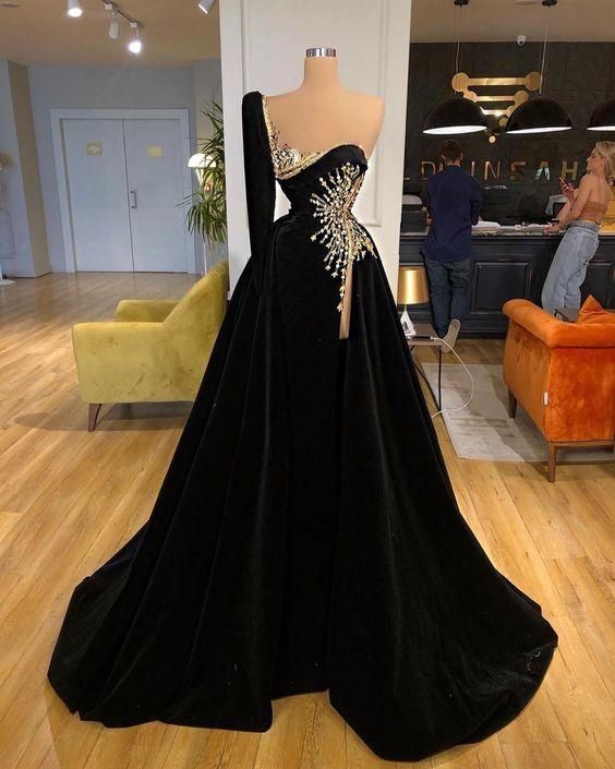 Black Beaded Prom Dresses For Women Vintage One Shoulder Long Sleeve Elegant A Line Prom Gown Vestidos De Gala