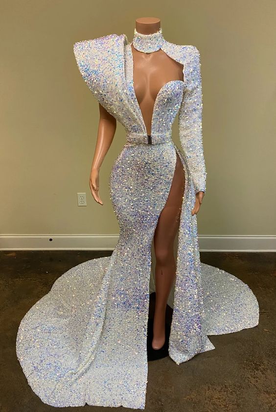 Crystal White Sparkly Evening Dresses Long Sleeve One Shoulder Mermaid High Neck Sexy Formal Party Dresses Robe De Soirée Femme