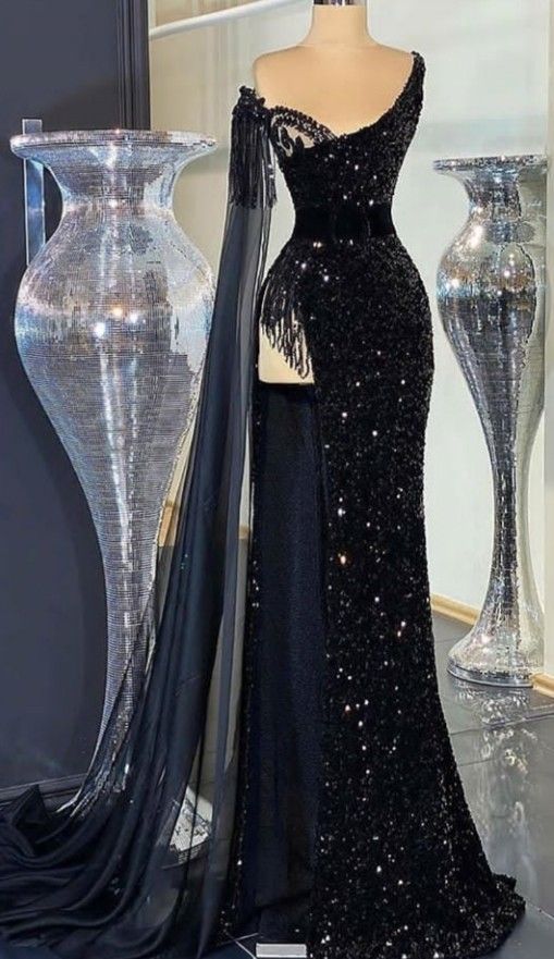 Tassels Black Formal Party Dresses Sparkly Sequined One Shoulder Arabic Dubai Fashion Evening Dresses Glitter Dresses Robe De Soiree Femme
