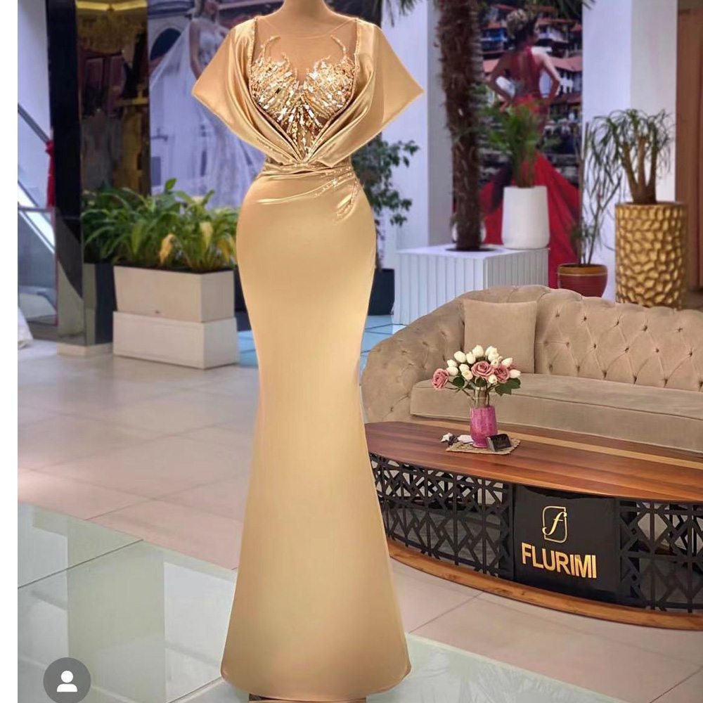 Cap Sleeve Modest Evening Dresses Long Beaded Luxury Gold Champagne Elegant Evening Gown Mother Of The Bride Dresses Custom Make Party Dresses