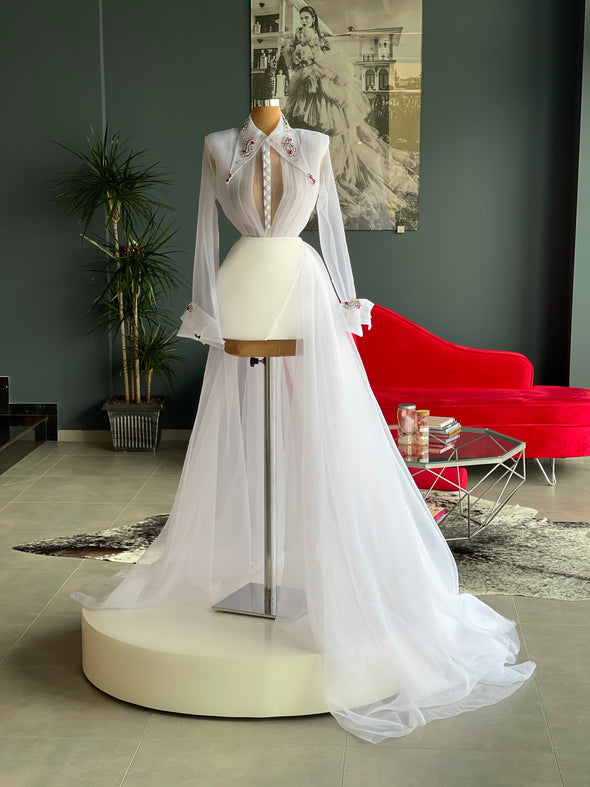 Fashion White Prom Dresses Long Sleeve Lapel Collar Luxury White Prom Gown Formal Occasion Dresses Vestidos Elegantes Para Mujer