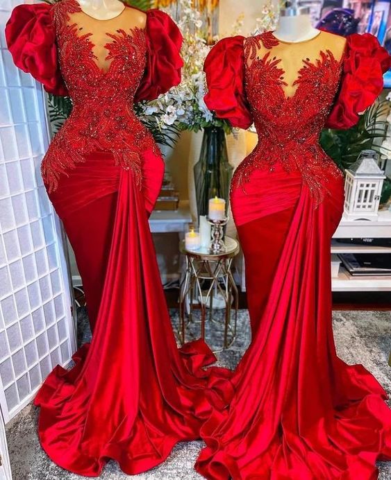 Gorgeous Luxury Evening Dresses 2024 Short Sleeve Beaded Lace Applique ...