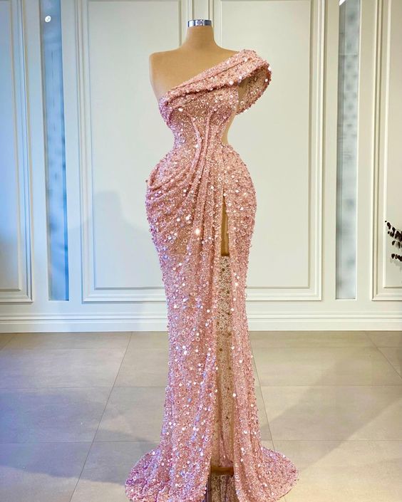 Pink Glitter Evening Dresses Long Sheer One Shoulder Sexy Party Dresses Sequined Mermaid Modest Pleated Women Gorgeous Formal Evening Gown