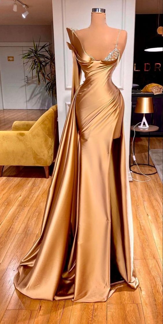 Gold Beaded Evening Dresses Long Satin Sexy Formal Party Dresses Abendkleider Simple Evening Gown Robe De Soiree Femme