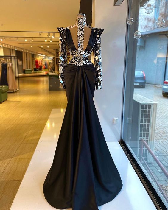 Luxury Evening Dresses, Mirror Crystal Evening Dresses, Modest Evening Dress, Black Evening Dress, Dubai Fashion Party Dresses, Vestidos De