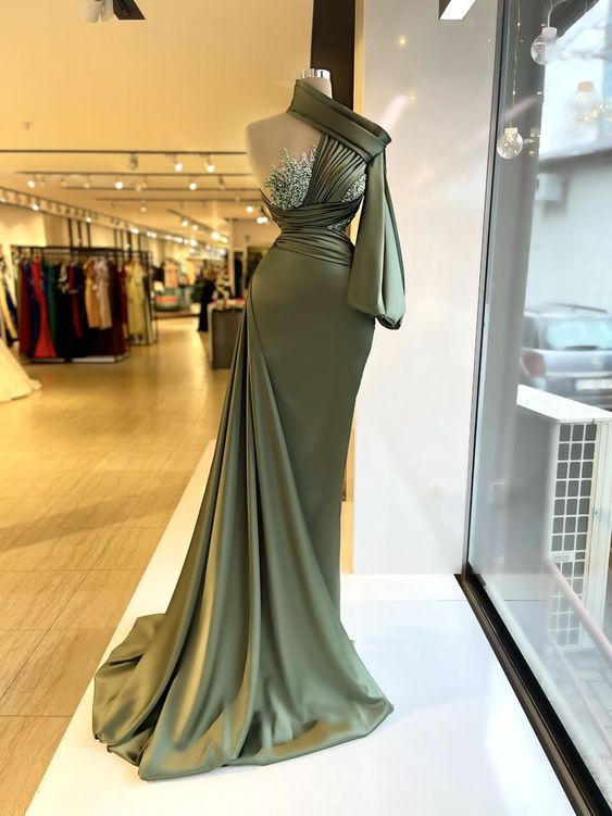 Olive Green Elegant Evening Dresses Long Abendkleider Lace Applique Beaded Mermaid One Shoulder Evening Gown Robe De Soiree Femme Vestidos De