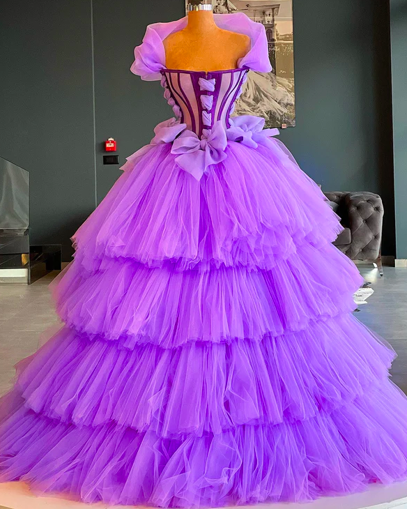 Princess A Line Purple Corset Tiered Short Graduation Dress with Lace