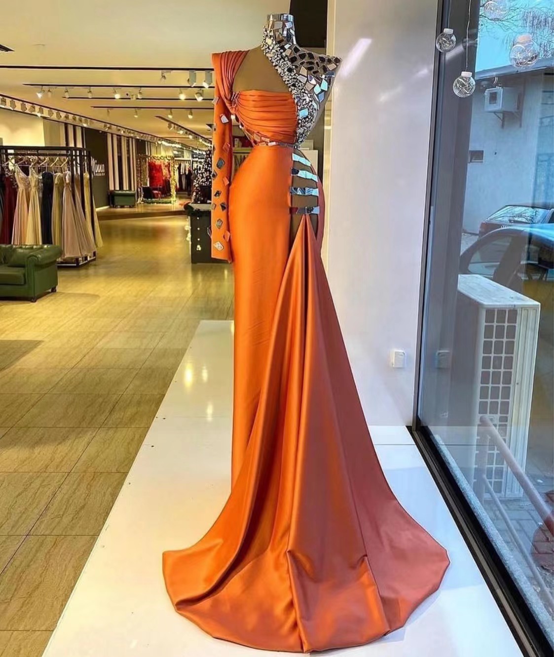 High Neck Luxury Evening Dresses Long Sleeve One Shoulder Orange Mirror Crystals Formal Dresses Vestidos De Fiestas De Noche Para Mujer