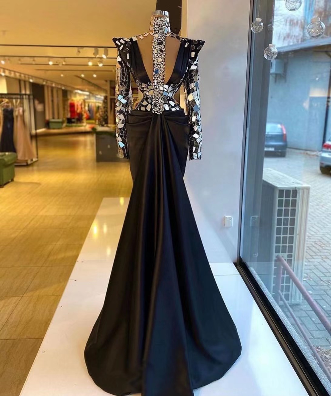 Mirror Crystals Black Evening Dresses Long Sleeve Modest Elegant Luxury Evening Gown Robe De Soiree Femme Abendkleider