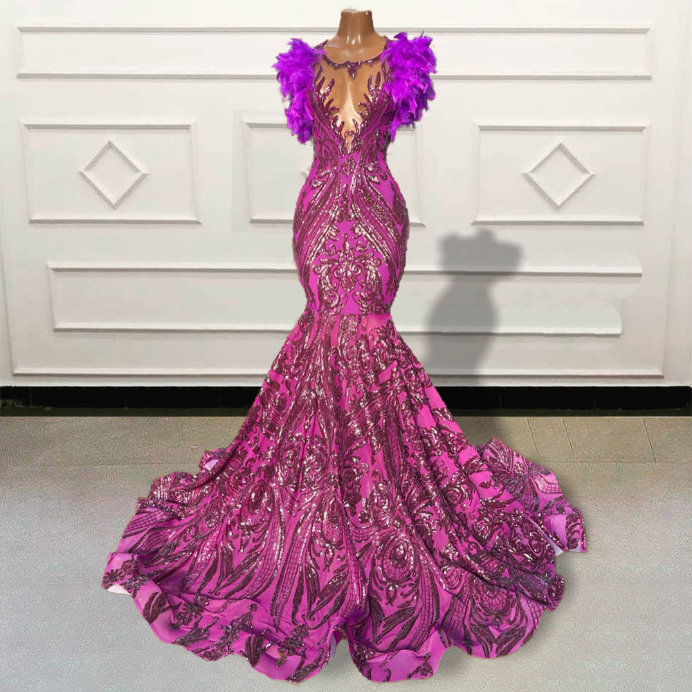 Pink Sparkly Lace Applique Evening Dresses Long Modest African Feather Luxury Evening Gown Vestido De Noche Abendkleider Robe De Soiree Femme