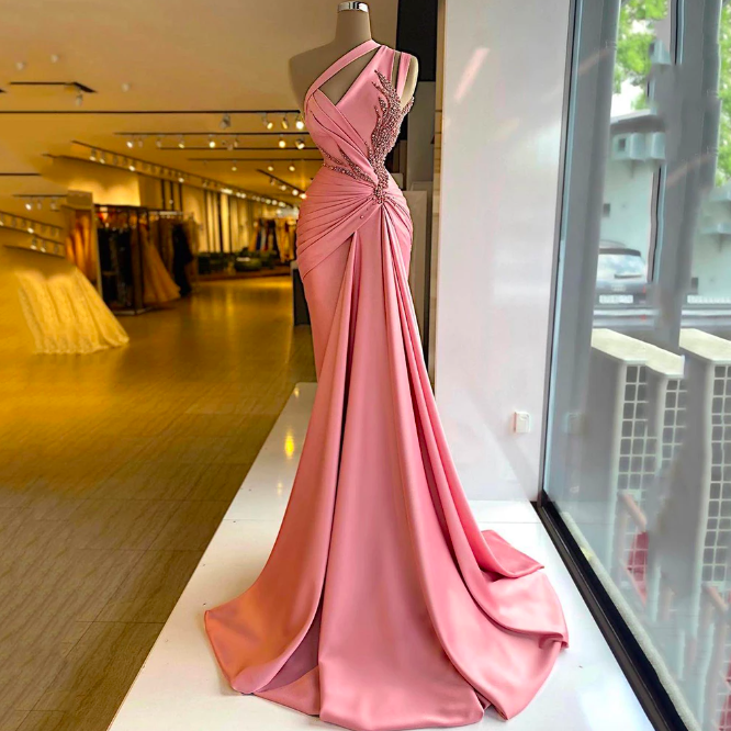 One Shoulder Pink Evening Dresses 2024 Long Beaded Satin Elegant Pleated Simple Formal Party Dresses Vestidos De Fiesta Elegantes Para Mujer 2025