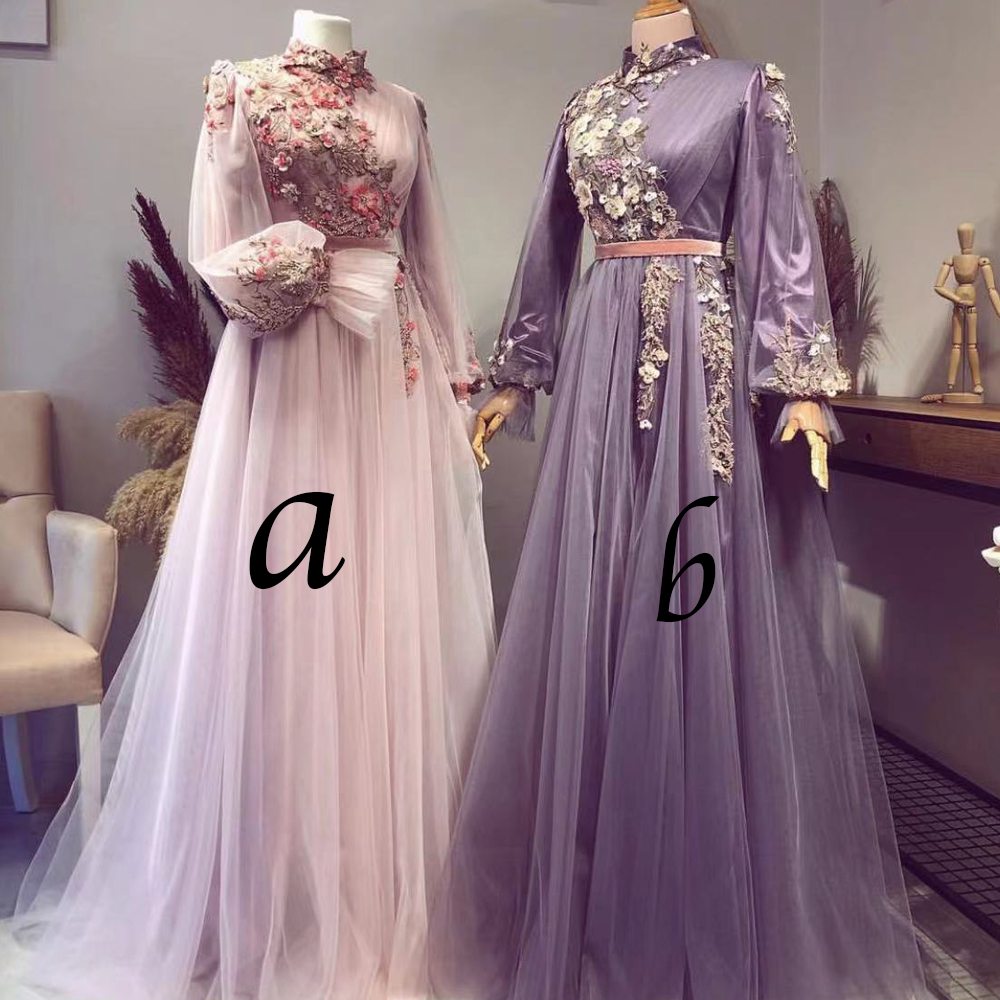 Embrodiery Applique Prom Dresses 2024 High Neck Elegant Muslim Dubai Fashion A Line Prom Gown 2025 Robes De Cocktail